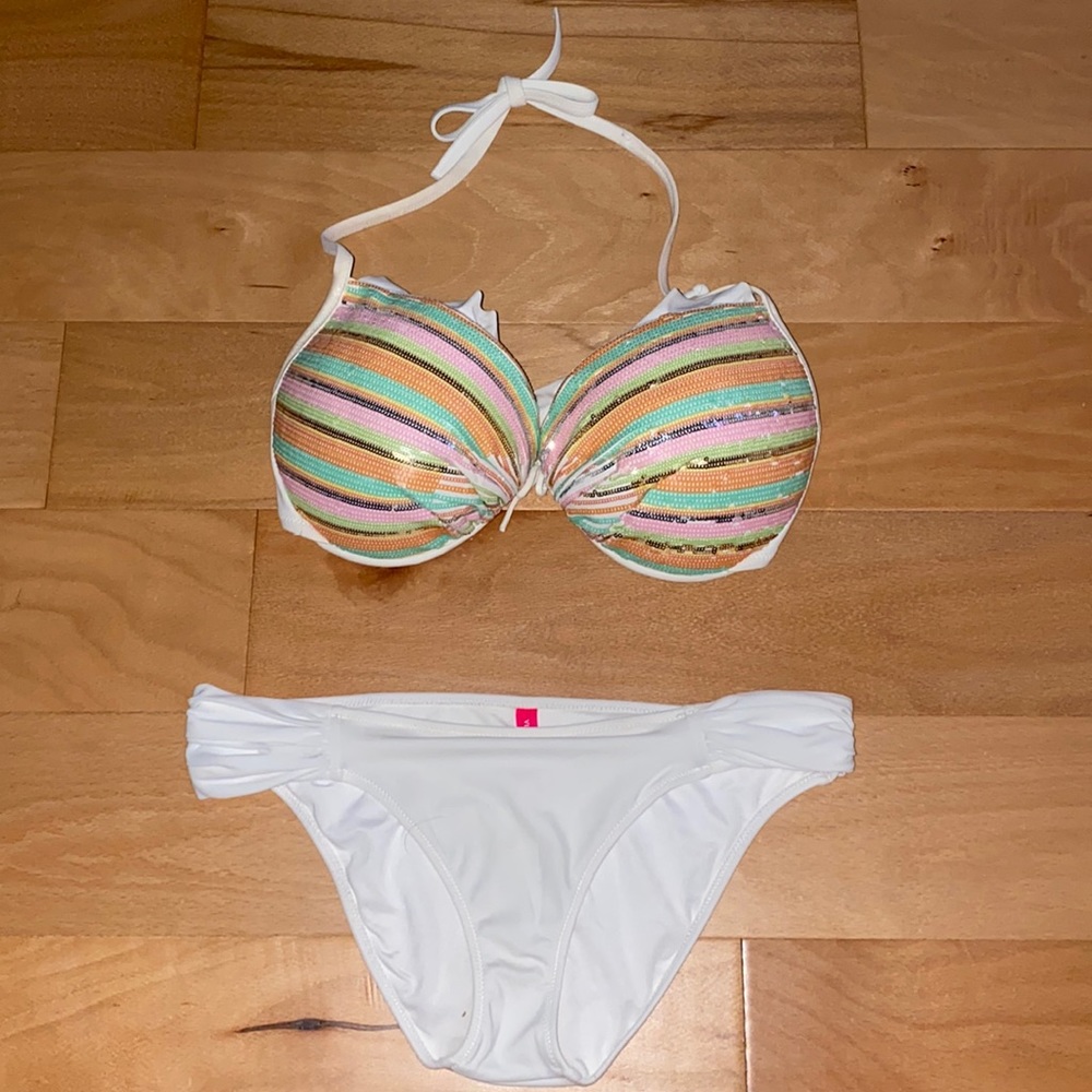 Victoria's Secret White Bikini with Pastel Multicolor Striped Top